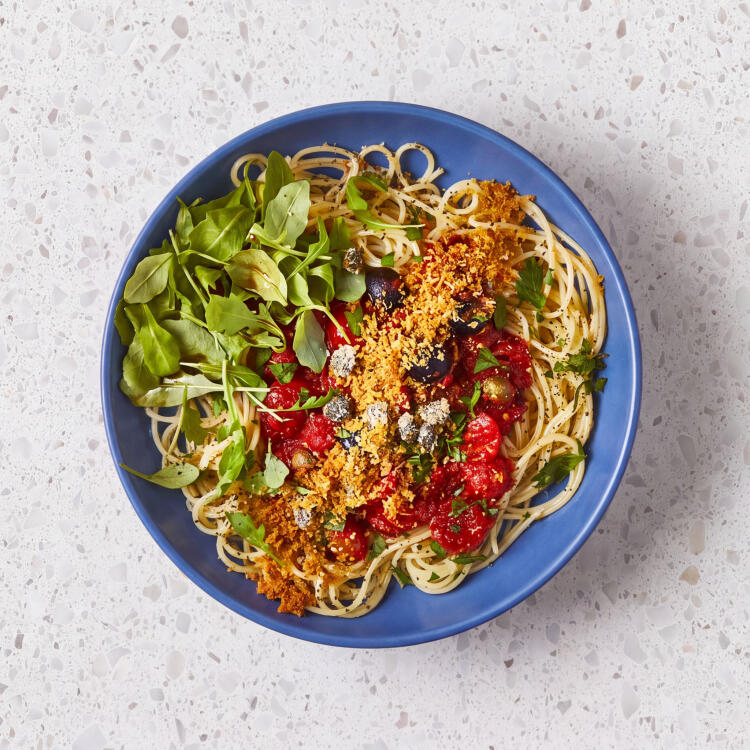 Tomato & Olive Spaghetti With Caper Crumb