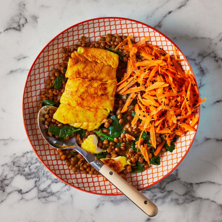 Turmeric Pollock With Curried Lentils