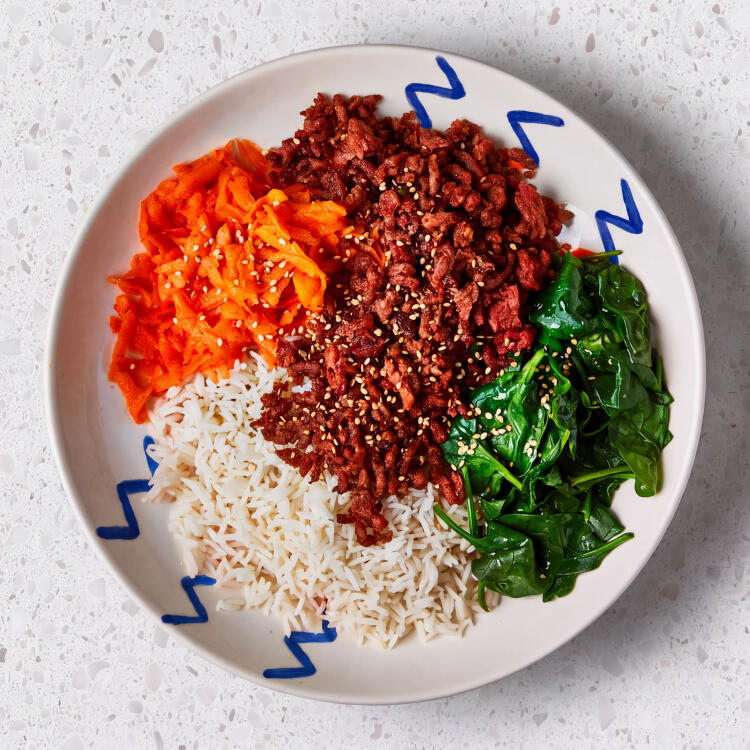 Meat-Free Mince Bulgogi With Brown Rice And Spicy Carrot Pickle