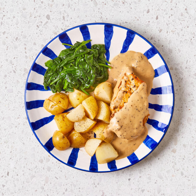 Chicken Au Poivre With Buttered Spinach & Potatoes
