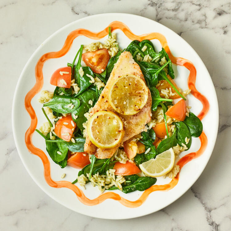 Lemon Butter Basa With Tomato & Spinach Pesto Rice